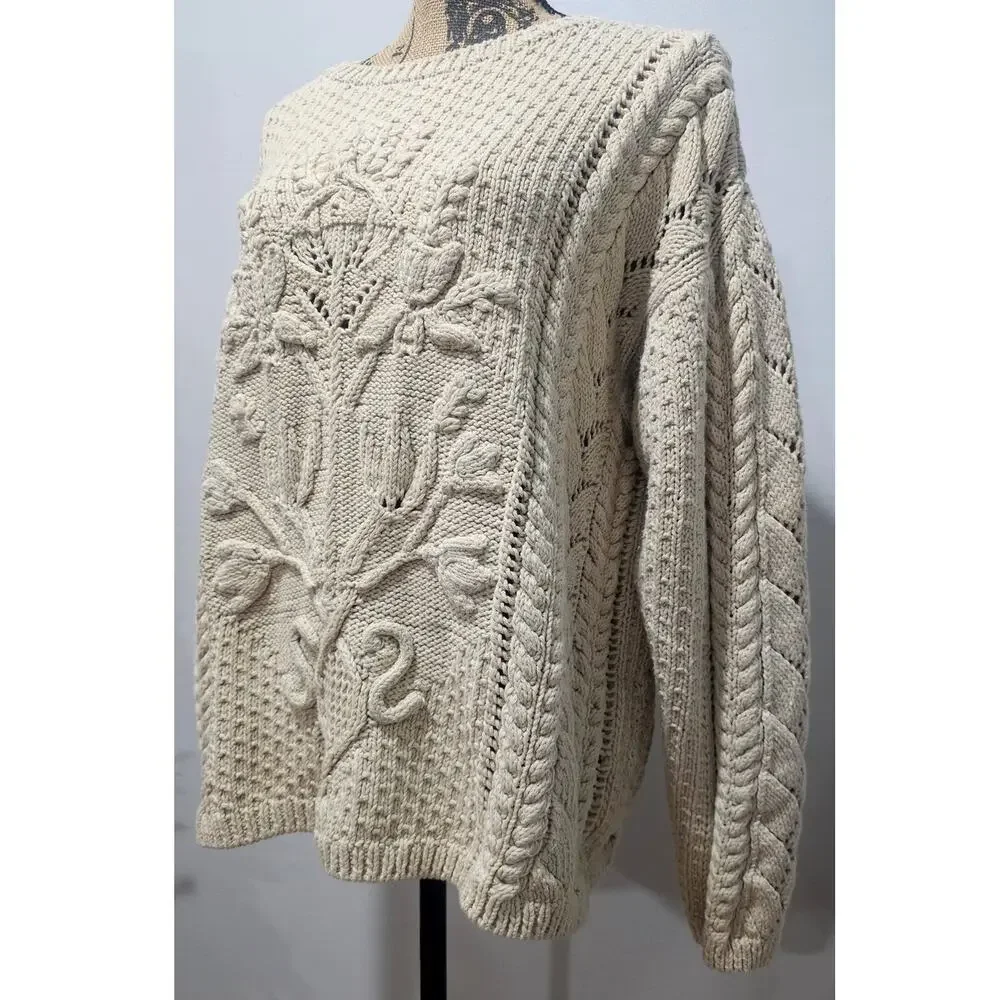 DKNY Cable Knit Sweater, Vintage 1990's Y2K  Handknit, 100% Cotton, Womens Sz M - Picture 4 of 10